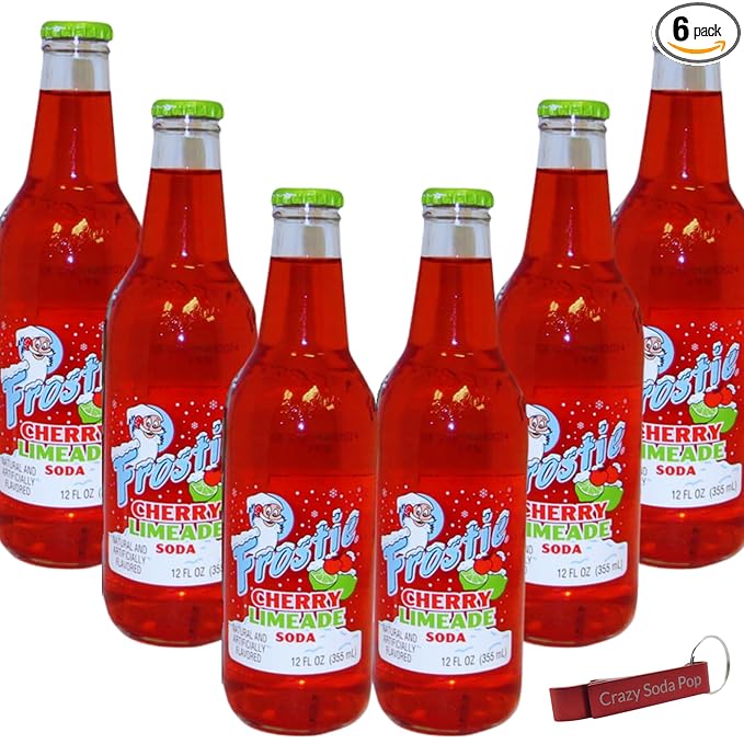 Frostie Cherry Limeade Soda | One of Frostie’s Popular Soda Flavors | Real Cane Sugar | Caffeine Free | 12 oz Glass Bottles with Crazy Soda Pop Bottle Opener (6 Pack)