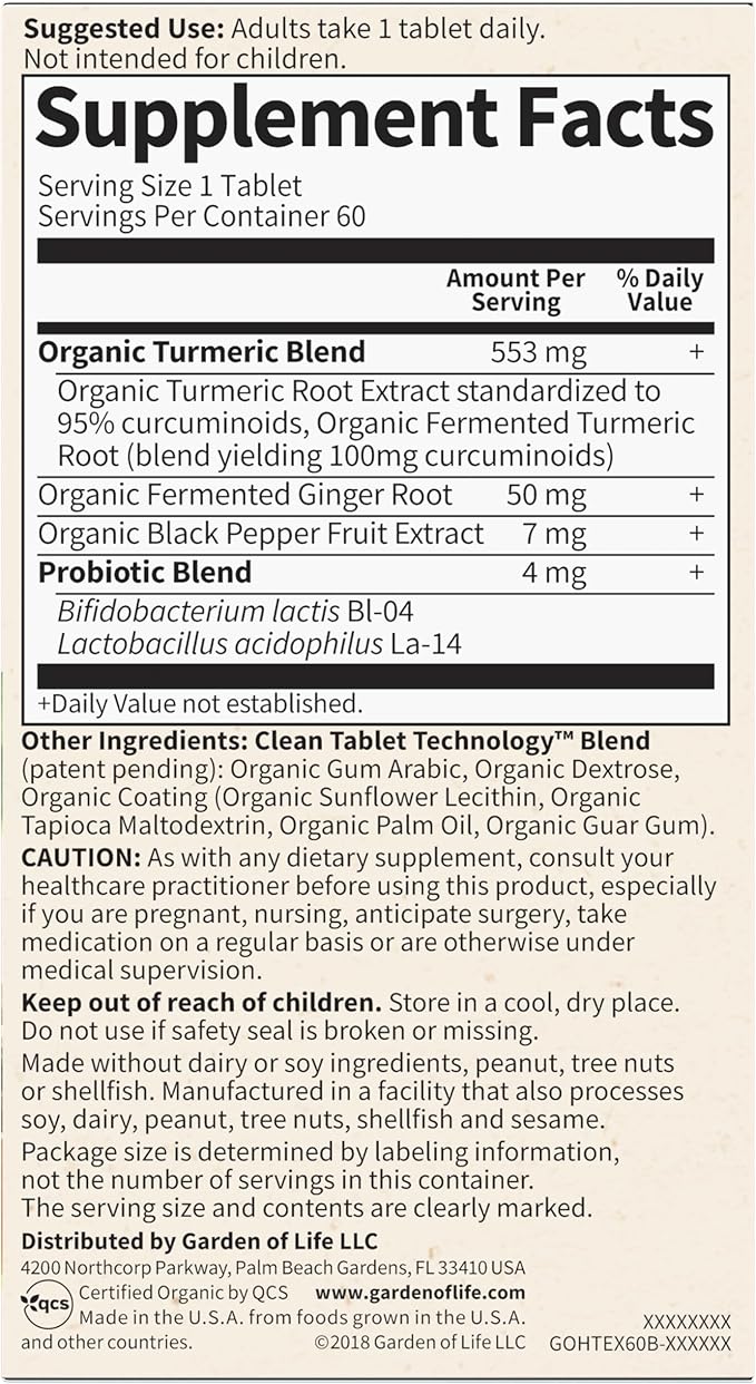 Garden of Life Organics Extra Strength Turmeric Inflammatory Response 60 Tablets-100mg Curcumin (95% Curcuminoids) Black Pepper Probiotics Organic Non-GMO Vegan Gluten Free Herbal Supplement