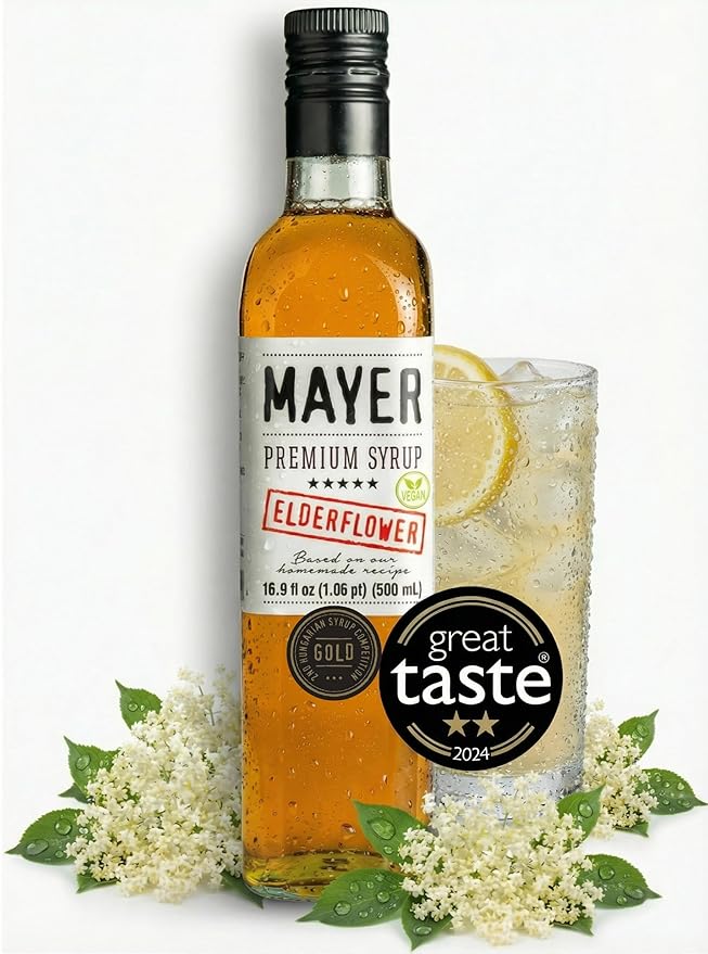 Mayer Elderflower Syrup ( Cordial ) Award - Winning Only Real Elderflowers and 3 Natural Ingredients Vegan Gluten Free Perfect for Cocktails Lemonades Coffee Desserts - No Artificial Additives