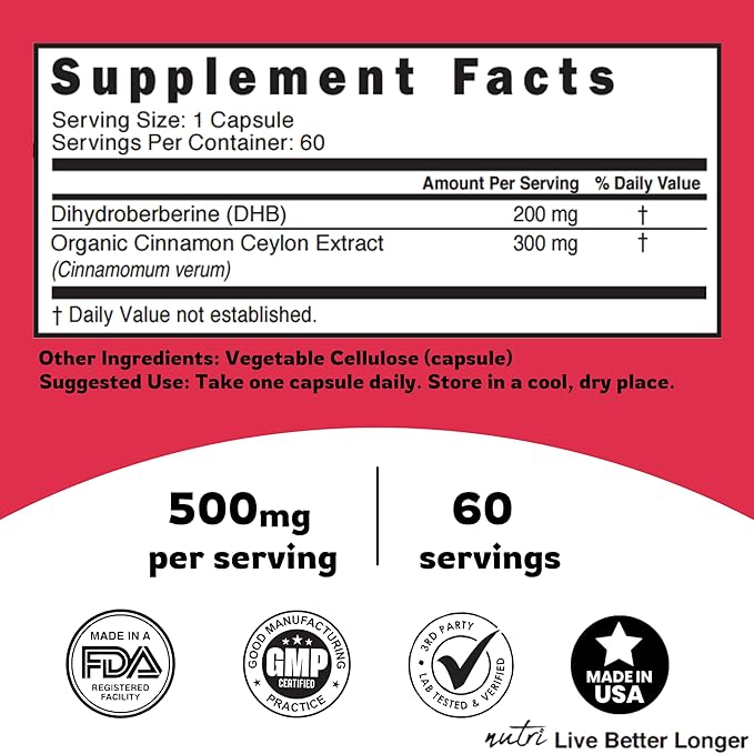 Dihydroberberine Supplement 200mg 60 Capsules - with Organic Ceylon Cinnamon 54X More Bioavailable Than Regular Berberine HCL - Nutri Supplements Dihydroberberine 200mg - 3rd Party Tested - Vegan