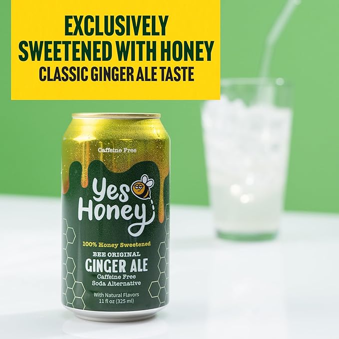 Yes Honey Soda Ginger Ale 11oz (12-Cans) 100% Honey-Sweetened Healthy Soda Alpha Gal Friendly Gluten Free Caffeine Free No Added Sugar