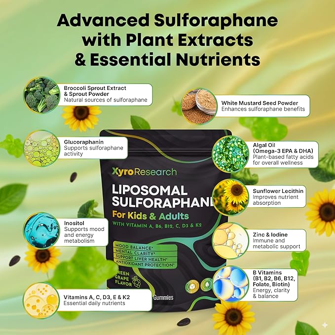 Liposomal Sulforaphane Gummies - 150mg Broccoli Sprout Extract with Vitamins Supplement for Kids Adults - Antioxidant Cellular Health &amp Liver Detox Support - Non-GMO Vegan Sugar-Free