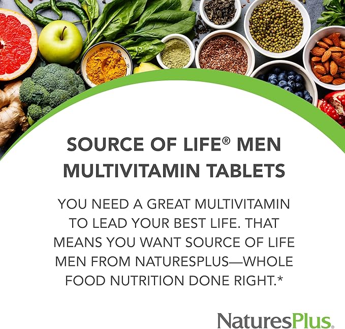 NaturesPlus Source of Life Men - 60 Tablets - Iron-Free Multivitamin &amp Mineral Supplement - with Saw Palmetto Lycopene &amp Rhodiola - Gluten Free Vegetarian - 30 Servings