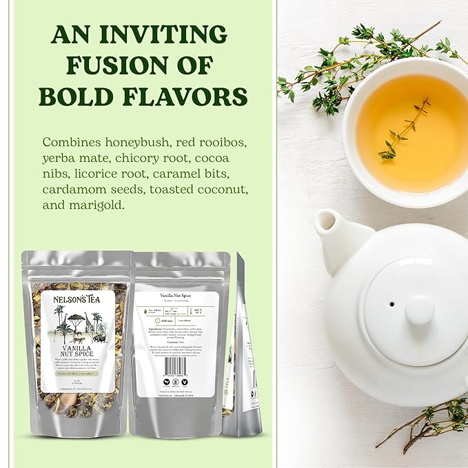 Nelson's Tea Vanilla Nut Spice - Cut &amp Sifted Low Caffeine Rooibos Loose Leaf Tea with Honeybush Yerba Mate Chicory Root Licorice Root Cardamom Seeds Coconut and Marigold Herbal Blend (16 oz