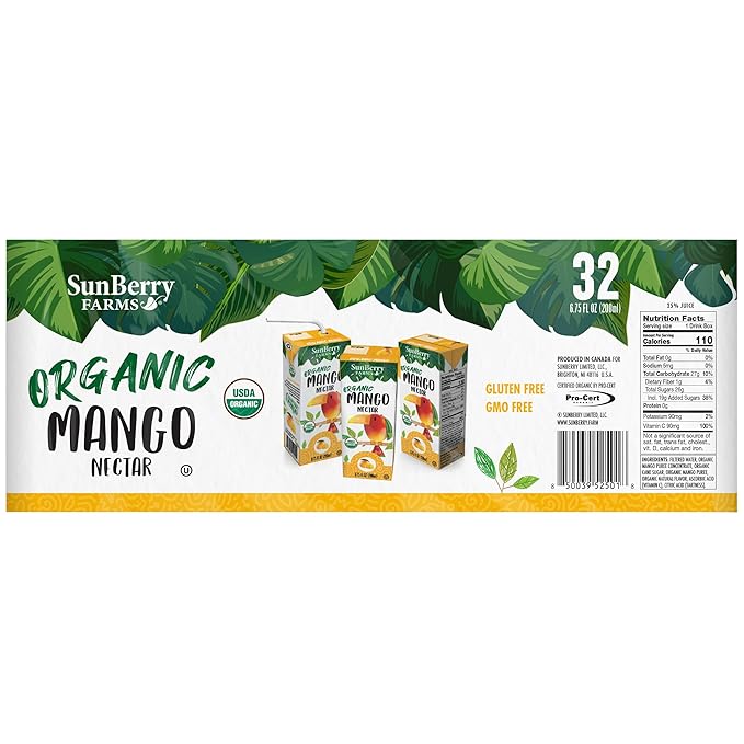 Sunberry Farms Organic Mango Nectar Juice Boxes 32 Pack (6.75 fl oz) – Organic Mango Juice Drinks All Natural Real Sugar Tropical Fruit Juice for Kids &amp Family