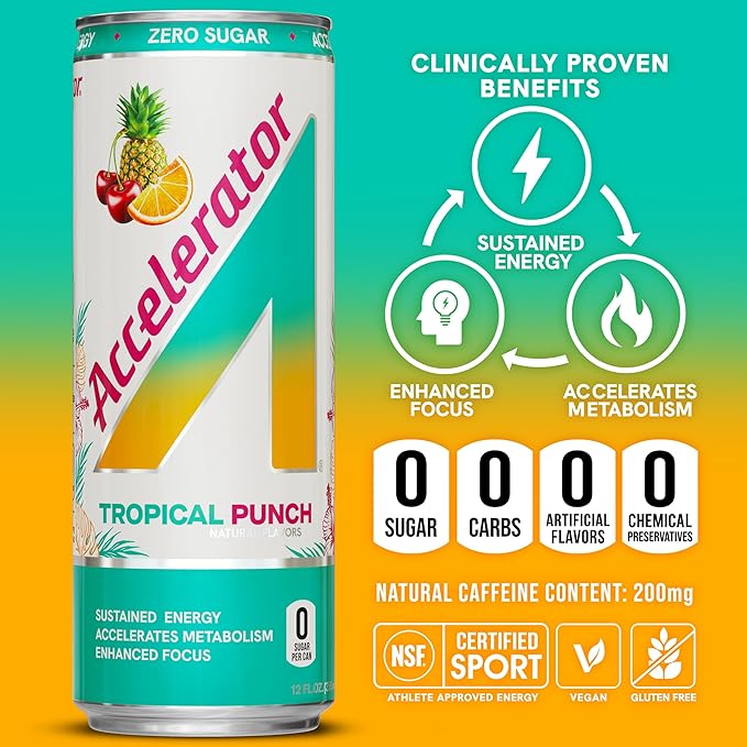 Accelerator Energy Drink Tropical Punch 12oz can (12 pack) Zero Sugar Sustained Energy from 100% Natural Caffeine (200mg from Green Coffee Bean &amp Green Tea extract)