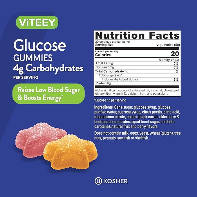 Viteey Glucose Gummies - 4g of Carbohydrates - Fast Acting Alternative to Glucose Tablets - Energy and Blood Sugar Support - Vegan Gluten Free Gelatin Free - 120 Count