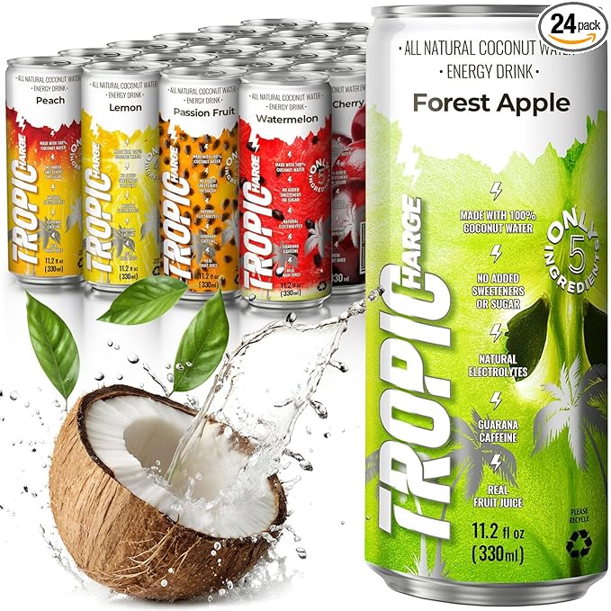 Tropicharge 100% Coconut Water Energy Drink with Guarana Extract (24 pack 330ml/6 flavours) - Zero Sweeteners or Added Sugar - All Natural - Passion Fruit Forest Apple Red Cherry Lemon Peach Wate