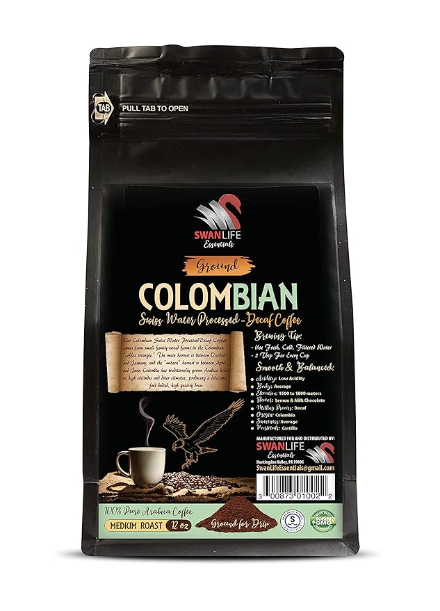 decaffeinated colombian coffee ground - DECAF COLOMBIAN GROUND COFFEE - Medium Roast 100% Pure Arabica swiss water processed non gmo - gift from colombia by SWAN LIFE ESSENTIALS - 2 Bags (24 Oz)