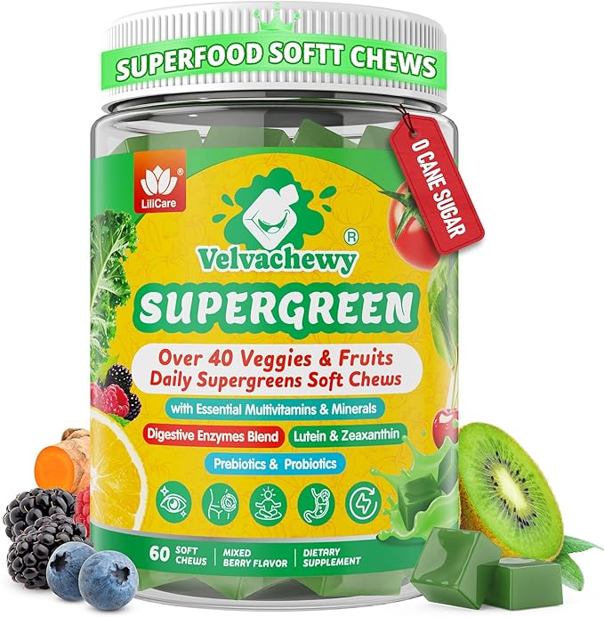 Super Greens Soft Chews Greens Superfood Supplement w/Spirulina Chlorella Lutein Digestive Enzymes &amp Fiber Multivitamins – Daily Greens Support for Energy Metâbölism Vision &amp Gut Health