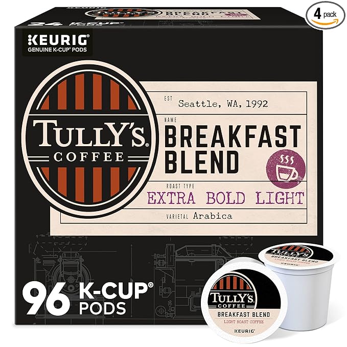Tully's Coffee Breakfast Blend Keurig Single-Serve K-Cup Pods Light Roast Coffee 96 Count