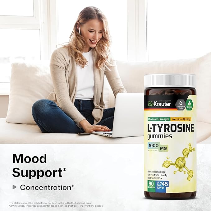 BIO KRAUTER® L Tyrosine for Mood and Cognitive Support - Supplements for Focus &amp Performance Support - L-tyrosine 1000 mg 90 Mood Gummies 45-Day Supply - Non-GMO Mango Flavor