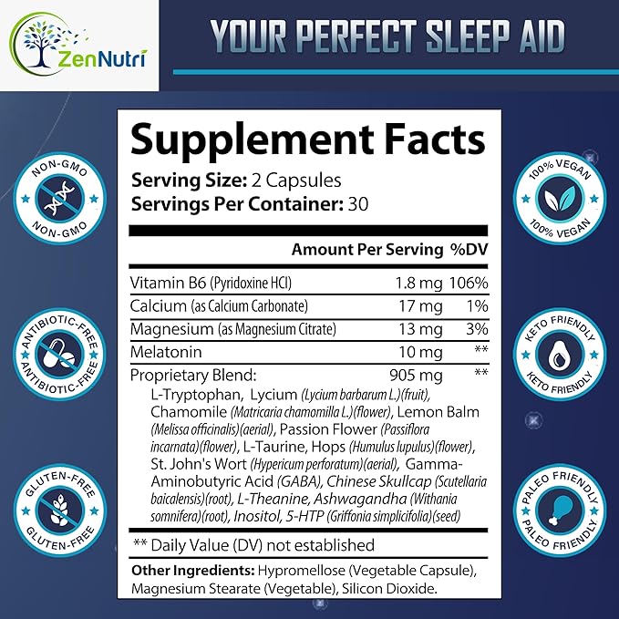 Sleep Prime Vegan Natural Sleep Aid for Adult Extra Strength - Deep Sleep Supplement - Herbal Sleeping Pill - Stress Relief - Melatonin GABA - 60 Veggie caps