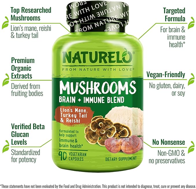 NATURELO Mushroom Supplement – Brain &amp Immune Health Blend with Lion’s Mane Reishi Turkey Tail – 90 Vegan Friendly Capsules (Pack of 2)