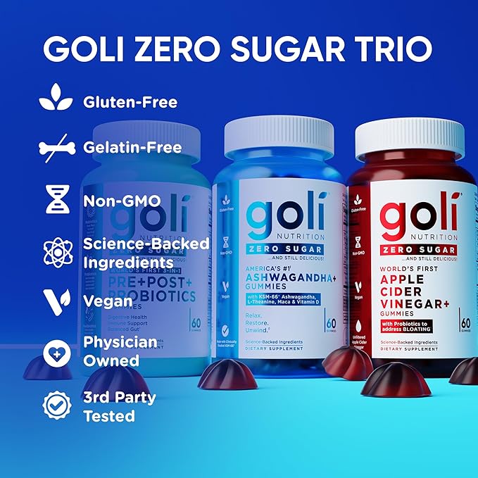 Goli Zero Sugar Trio- World's First 3-in-1 Pre Post Probiotic Apple Cider Vinegar with Vitamin B12 and Probiotics Ashwagandha &amp L-Theanine Vitamin D gummies. Vegan Gelatin &amp Gluten-Free