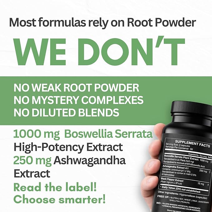 Boswellia Extract and Ashwagandha Capsules 2000 mg - Strong Natural Support Pills 3 Month Supply - Consentrated Boswellia Serrata 65% Boswellic Acid with Ashwagandha Powder Supplement