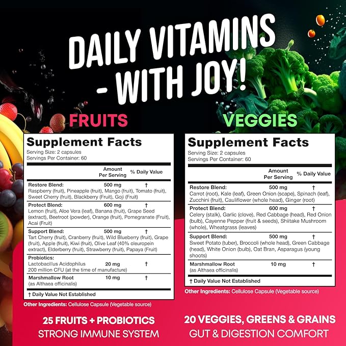 Fruits and Veggies Supplement - High Fiber Supplement for Immunity Gut &amp Energy - Super Reds &amp Super Greens Supplements with Marshmallow Root - 240 Reds and Super Greens Powder Superfood Caps