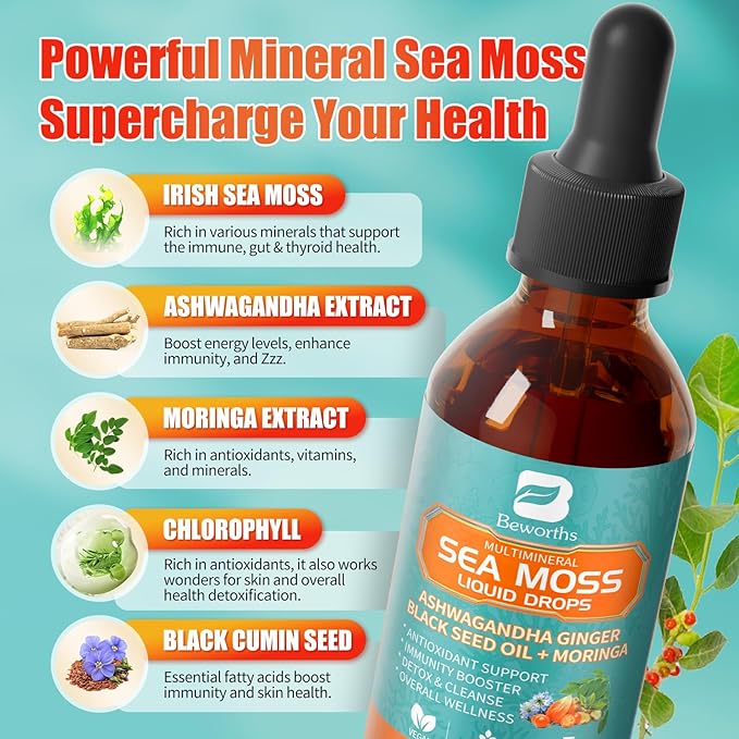 Sea Moss Drops - Irish Sea Moss Chlorophyll Liquid with Black Seed Oil Ashwagandha Moringa Turmeric Elderberry Mullein Seamoss Gel Supplement for Gut &amp Liver Cleanse Immune Support - Vegan