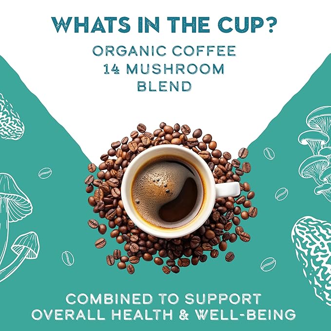 Organic 14 Mushroom Coffee Blend Dark Roast Organic Lion's Mane Chaga Red Reishi and more Chocolate Notes Enhances Overall Health Immune Support And Wellbeing Ground 12 oz Bag