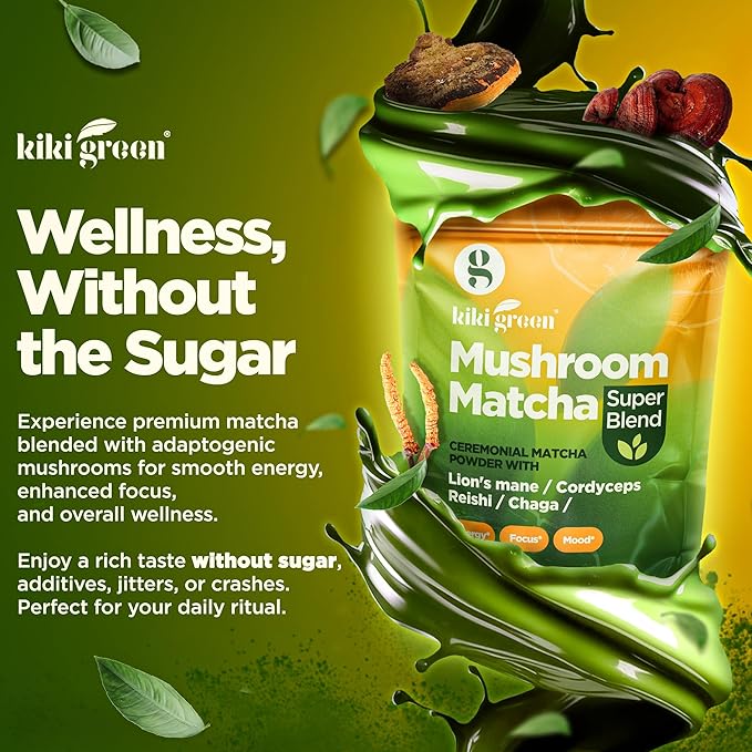 KIKI Green Mushroom Matcha Powder Super Blend 4 oz - Mushroom Coffee Alternative for Better Energy Focus Immunity - with Lion's Mane Chaga Reishi Cordyceps