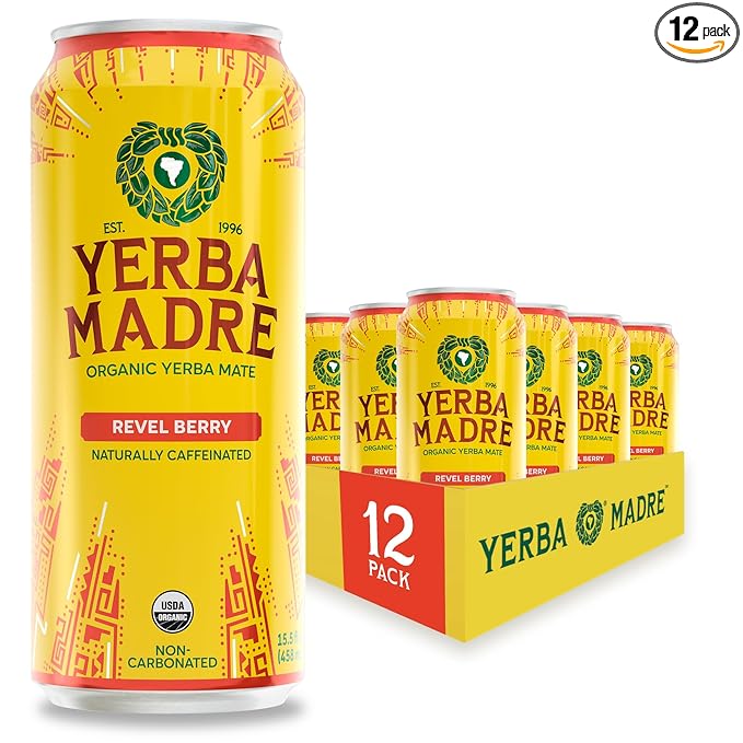 Yerba Madre Organic Yerba Mate Revel Berry 150mg Natural Caffeine Energy Drink Alternative No Jitters or Crash 15.5 Oz Cans (Pack of 12)