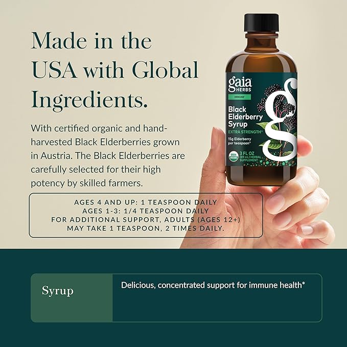 Gaia Herbs Black Elderberry Syrup - Made with Organic Black Elderberries (Sambucus nigra) for Immune System Support* - USDA Certified Organic Formula - 3 Fl Oz (About 18 to 71 Servings)