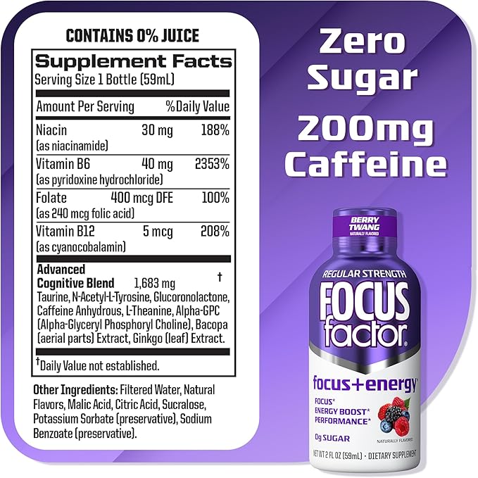 Focus Factor Focus + Energy Shots - 12 x 2oz Bottles (Berry Twang Flavor) - Powered by Nootropics with Caffeine L-Theanine Ginkgo Bacopa L-Tyrosine Alpha GPC