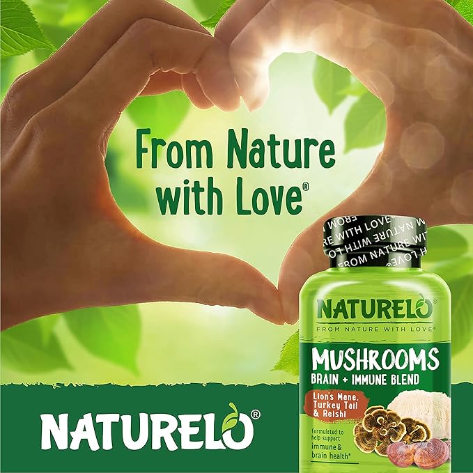 NATURELO Mushroom Supplement Capsules 90 Ct Brain &amp Immune Support Vegan-Friendly Lions Mane Supplement Capsules Lion’s Mane Reishi Turkey Tail Blend