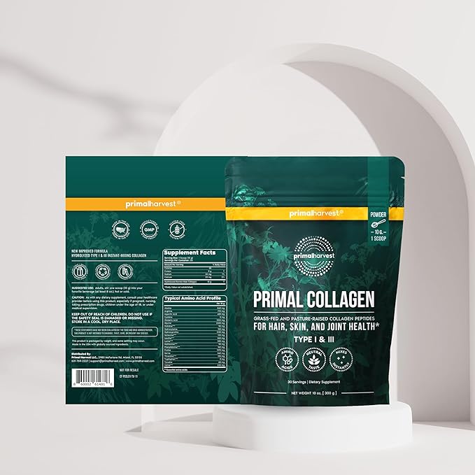 Primal Harvest Super Greens &amp Collagen Powder Supplements for Women and Men Superfood Greens Powder and Collagen Peptides Powder for Hair Skin and Nails Bundle