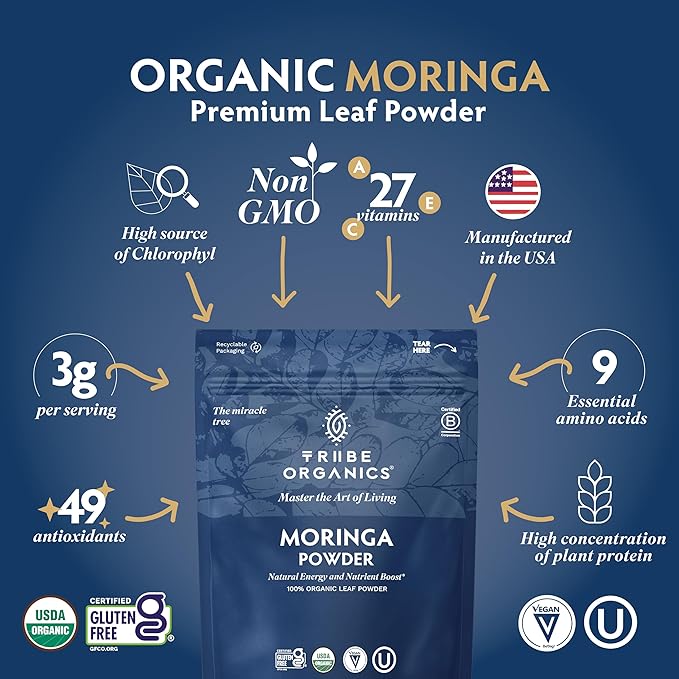 TRIBE ORGANICS Organic Moringa Oleifera Powder for Energy | Joints | Brain Function - High Potency Nutrient Rich Greens Superfood | Natural Leaf Plant Protein | Antioxidant - 200g Pouch