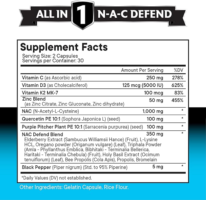 NEW AGE NAC Supplement N-Acetyl Cysteine- with Vitamin D3 K2 Zinc Quercetin Triphala Sarracenia Purpurea Elderberry Holy Basil Bee Propolis Bromelain L-Lysine - 60 Count