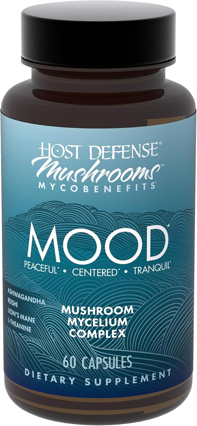 Host Defense MycoBenefits Mood* Capsules - Healthy Mind Support with Lion's Mane L-Theanine &amp Ashwagandha - Relaxing &amp Calming Supplement - 60 Capsules (30 Servings)*