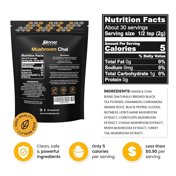 Inner Elevate Superfood Mushroom Chai - Ultimate Coffee Alternative - Adaptogenic Mushroom Tea Drink with Lion's Mane Cordyceps Chaga Reishi Turkey Tail (35 Servings)