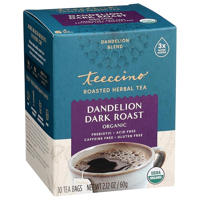 Teeccino Dandelion Dark Roast and Dandelion Caramel Nut Tea Variety Pack - Caffeine-Free Roasted Herbal Tea with Prebiotics Gluten Free - 10 Tea Bags (Pack of 4)