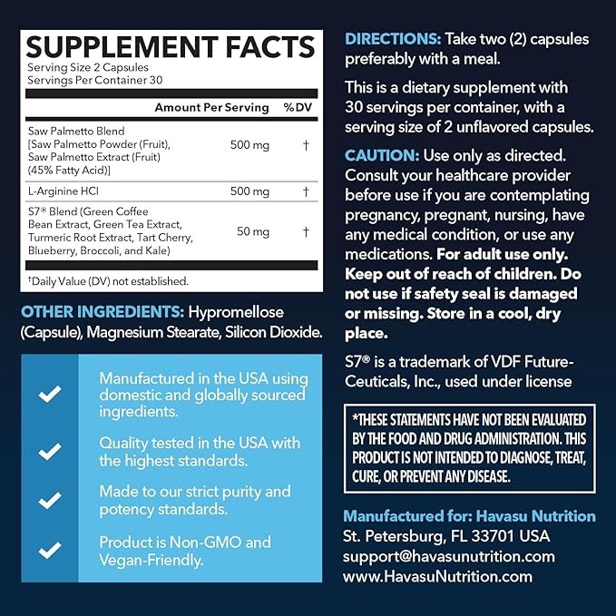 Saw Palmetto 500mg and L-Arginine 500 mg - Prostate Health and Nitric Oxide Supplements for Men - 60 Count - Urinary Function Support and Endurance for Active Males - Vegan Non-GMO 1 Month Supply