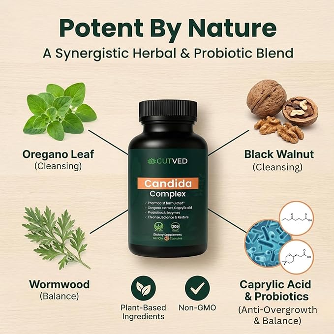 Candida Complex with Caprylic Acid for Men &amp Women – Anti Overgrowth Balance and Restore Supplement for Yeast Healthy Gut Flora &amp Skin with 30B/g Probiotic Oregano Senna - 1 Month Supply