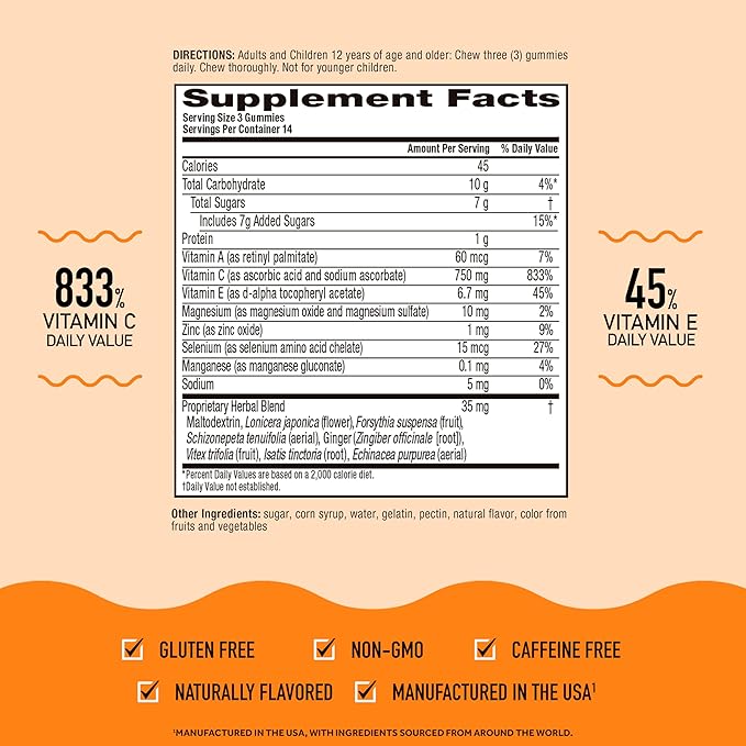 Airborne 750mg Vitamin C Gummies for Adults Immune Support Supplement with Powerful Antioxidants Vitamins C &amp E - 42 Gummies Zesty Orange Flavor (2 Pack)