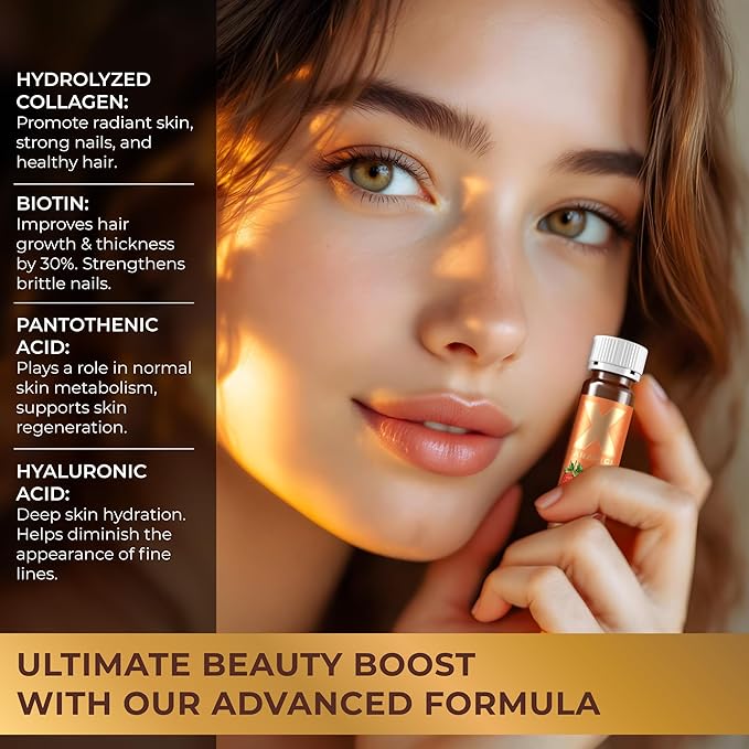 Liquid Collagen Peptides with Biotin &amp Hyaluronic Acid - 3000mg Hydrolyzed Bovine Collagen Type 1 and 3 Biotin 10000mcg Vitamins B5 B6 C &amp E - Liquid Collagen for Women and Men Collagen S