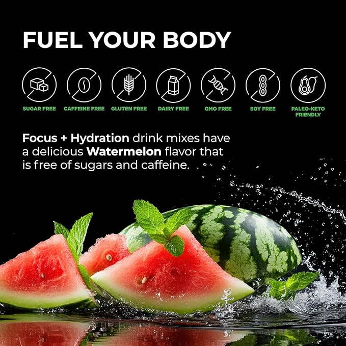 BrainTree Nutrition - Focus + Hydration - Electrolyte Drink Mix - Total Body Hydration - Supports Cognitive Function Energy &amp Muscle Recovery - Sugar Free - Watermelon - 30 Stick Packs