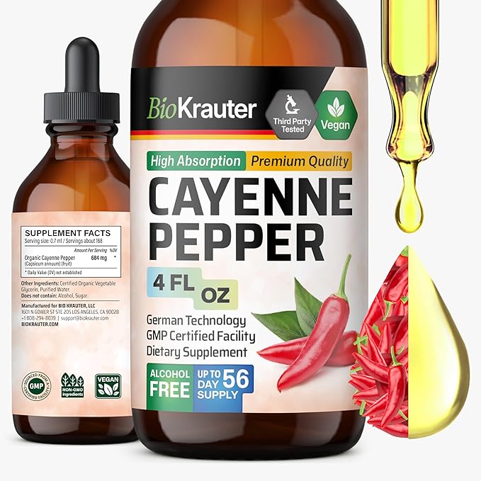 BIO KRAUTER® Cayenne Pepper Drops 684 mg - Pure Vegan Cayenne Pepper Supplements 4 Fl.Oz 56 Days of Supply - Natural Capsaicin for Digestive Support - Alcohol &amp Sugar Free Non-GMO