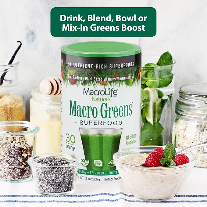 MacroLife Macro Greens Superfood Powder 38 Nutrient-Rich Super Greens with Probiotics Digestive Enzymes &amp Adaptogen Drink Mix for Energy &amp Vitality - Non-GMO Vegan Gluten-Free - 10oz (30 Servi