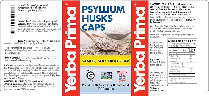 Yerba Prima Psyllium Husks Caps 625 mg 400 Capsules - Natural Fiber for Men and Women - Regularity Support Supplement