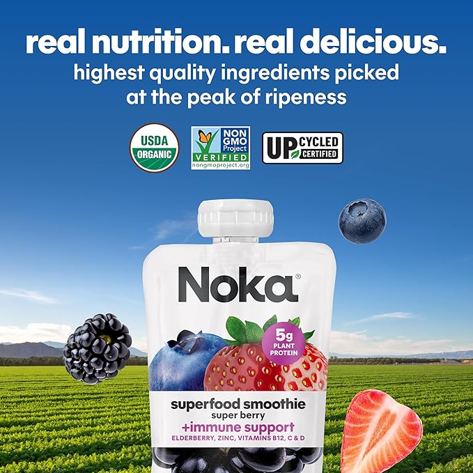 Noka Superfood Fruit Smoothie Pouches Super Berry Healthy Snacks with Flax Seed Prebiotic Fiber and Plant Protein Vegan and Gluten Free Organic Squeeze Pouch 4.22 oz 24 Count