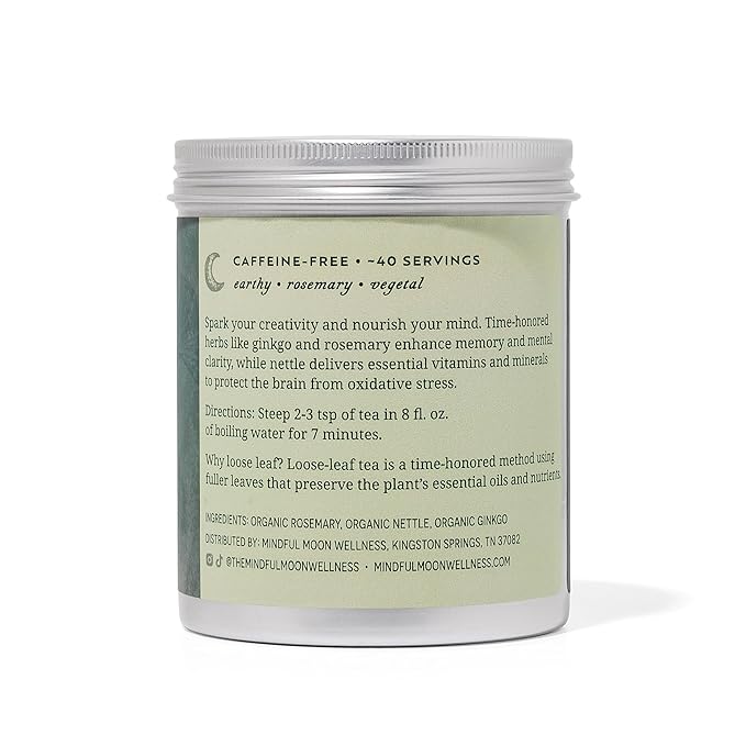 Brain Power Herbal Tea by Mindful Moon – Focus &amp Memory Support Blend with Ginkgo Nettle &amp Rosemary – Caffeine-Free Loose Leaf (Large)