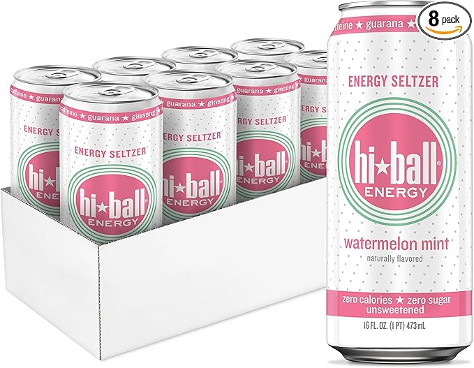 Hiball Clean Energy Drink - Watermelon Mint - Zero Sugar Zero Calorie Sparkling Water with 160mg Organic Caffeine 50mg Organic Ginseng 50mg Organic Guarana and B Vitamins - 16 fl oz (8-Pack)