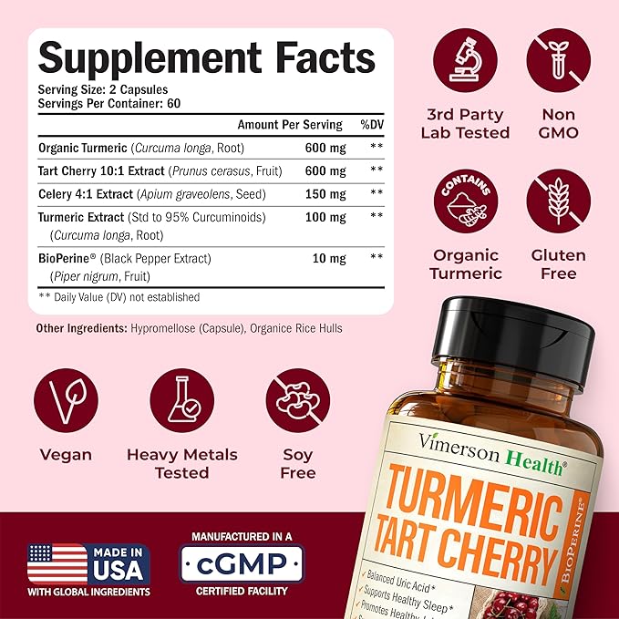 Turmeric Curcumin Supplement with 10:1 Tart Cherry Extract &amp Celery Seed Extract – Natural Uric Acid Balance Joint Health &amp Sleep Aid – Turmeric Curcumin with Black Pepper – 120 Tart Cherry C
