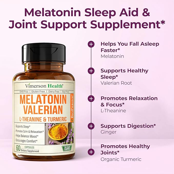 Melatonin 3mg Sleep Aid with L-Theanine &amp Valerian Root – Turmeric Curcumin Supplement with Ginger &amp Black Pepper – Organic Turmeric Supplement for Sleep Calm and Stress Relief Support – 2 Pa