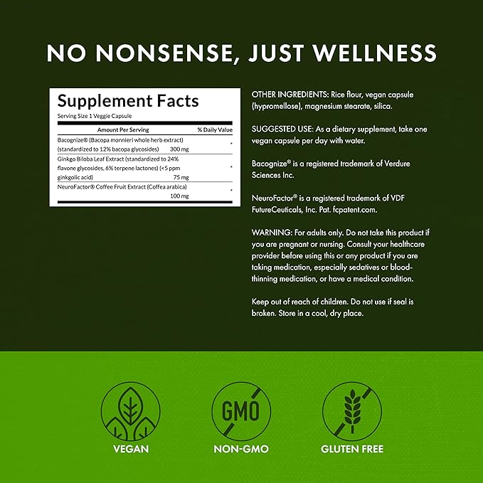 Swanson Pure Brainpower Brain Health Cognitive Memory Focus Support Brain-Derived Neurotrophic Factor (BDNF) Herbal Supplement (Ginkgo Biloba Bacopa Monnieri) 60 Veggie Capsules (Veg Caps) (2 Pack)