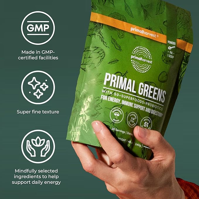 Primal Harvest Super Greens Powder 30 Servings w/+50 Greens Superfood Chlorella Probiotics Green Tea Wheatgrass Kale Turmeric for EnergyPrimal Greens