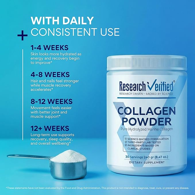 Research Verified® Collagen Powder - Hydrolyzed Marine Collagen Peptides - Unflavored - Skin Hydration and Elasticity Muscle Recovery Non GMO - 30 Scoops Per Container - 1 Month Supply